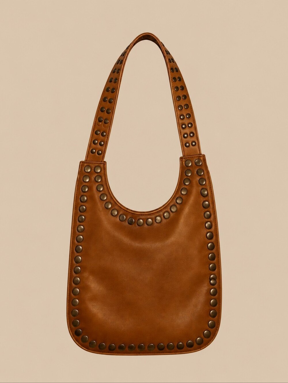 Vtg FAR NINE 1970s Tan Faux Leather Bronze Studded Thin Bag